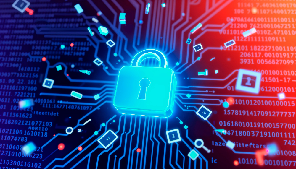 A glowing digital padlock at the center of a circuit board, symbolizing data protection, network security, and solutions for cyber security in the digital age.