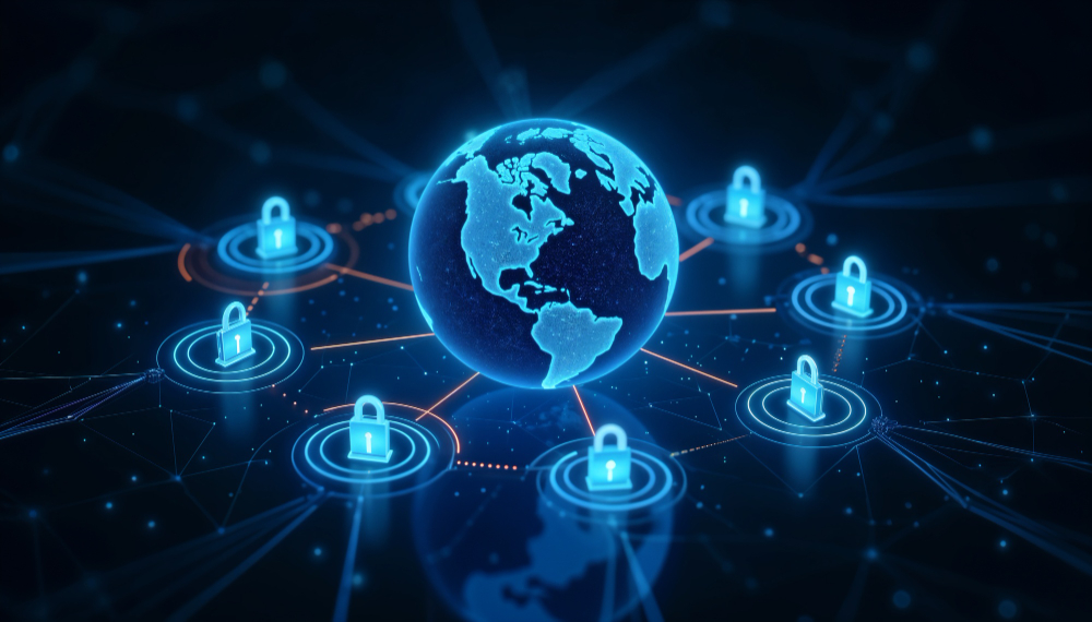 A digital illustration of a glowing globe surrounded by padlock icons, representing global cyber security networks and data protection.