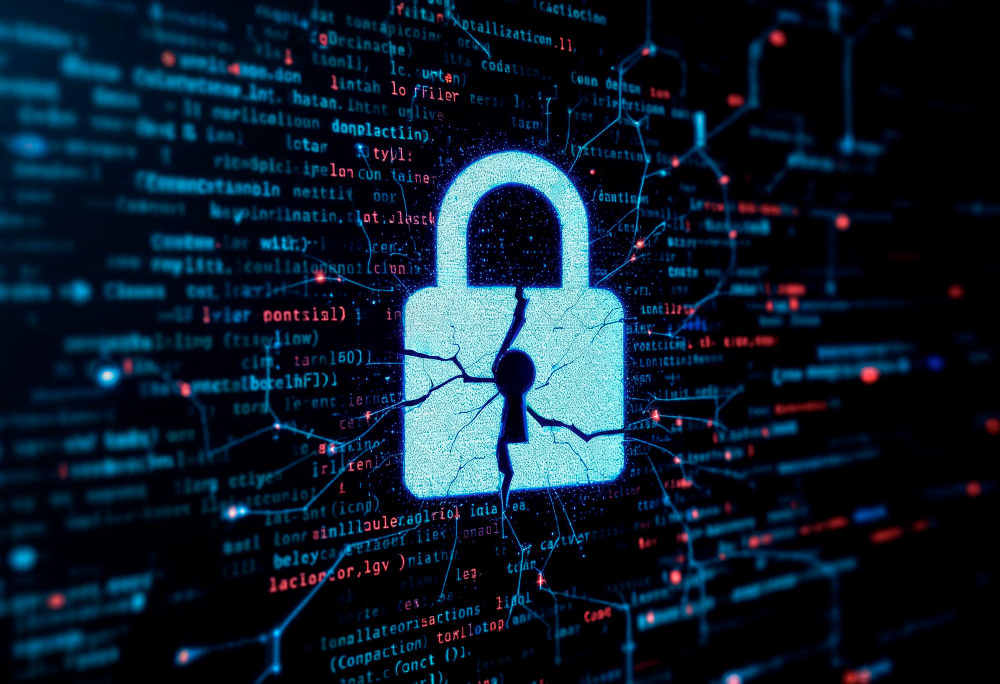A cracked digital padlock overlaying lines of code and network structures, representing a data breach, system vulnerability, or failure in cyber security defenses.