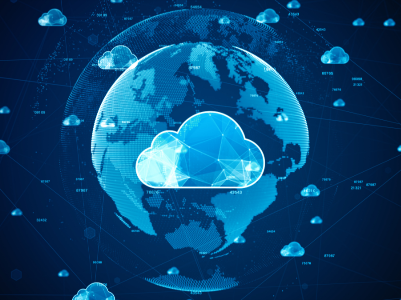 A digital rendering of the Earth overlaid with cloud icons, representing global cloud computing and cloud security solutions used to protect data across interconnected networks.
