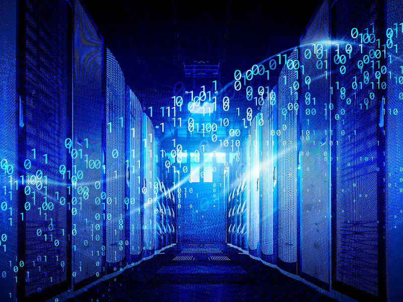 A futuristic data center corridor illuminated in blue light, with binary code flowing through the scene, symbolizing digital data transmission and cyber security infrastructure.