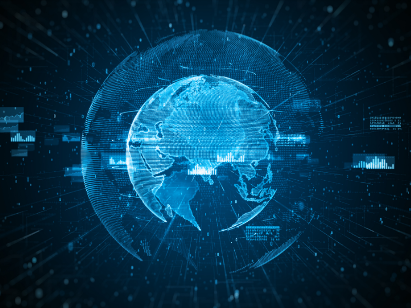 A digital globe surrounded by floating data visualizations and analytics charts, symbolizing global cyber infrastructure, data connectivity, and real-time digital information flow in a secure networked environment.